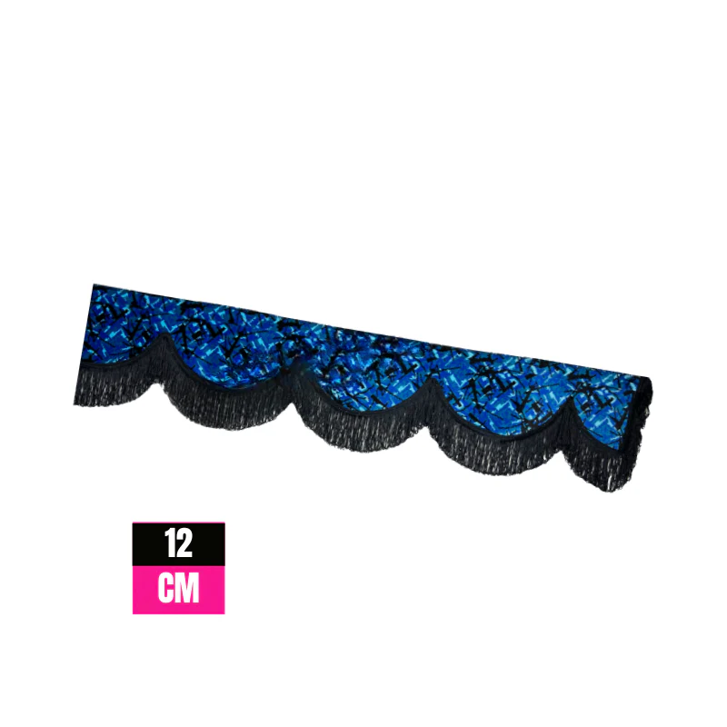 Raamband Deense Pluche Blauw met Zwarte Franjes β 12 cm